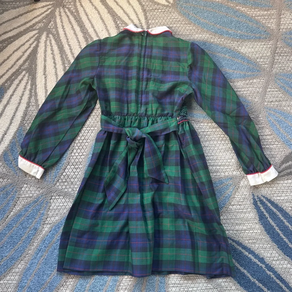 Vintage Polly Flinders Hand Smocked‎ Tartan Plaid Collared Girls Dress Size 7